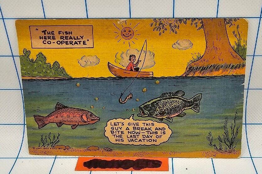 VTG Ephemera Postcard Posted 1957 Jefferson 2c Cartoon funny humor fishing 
