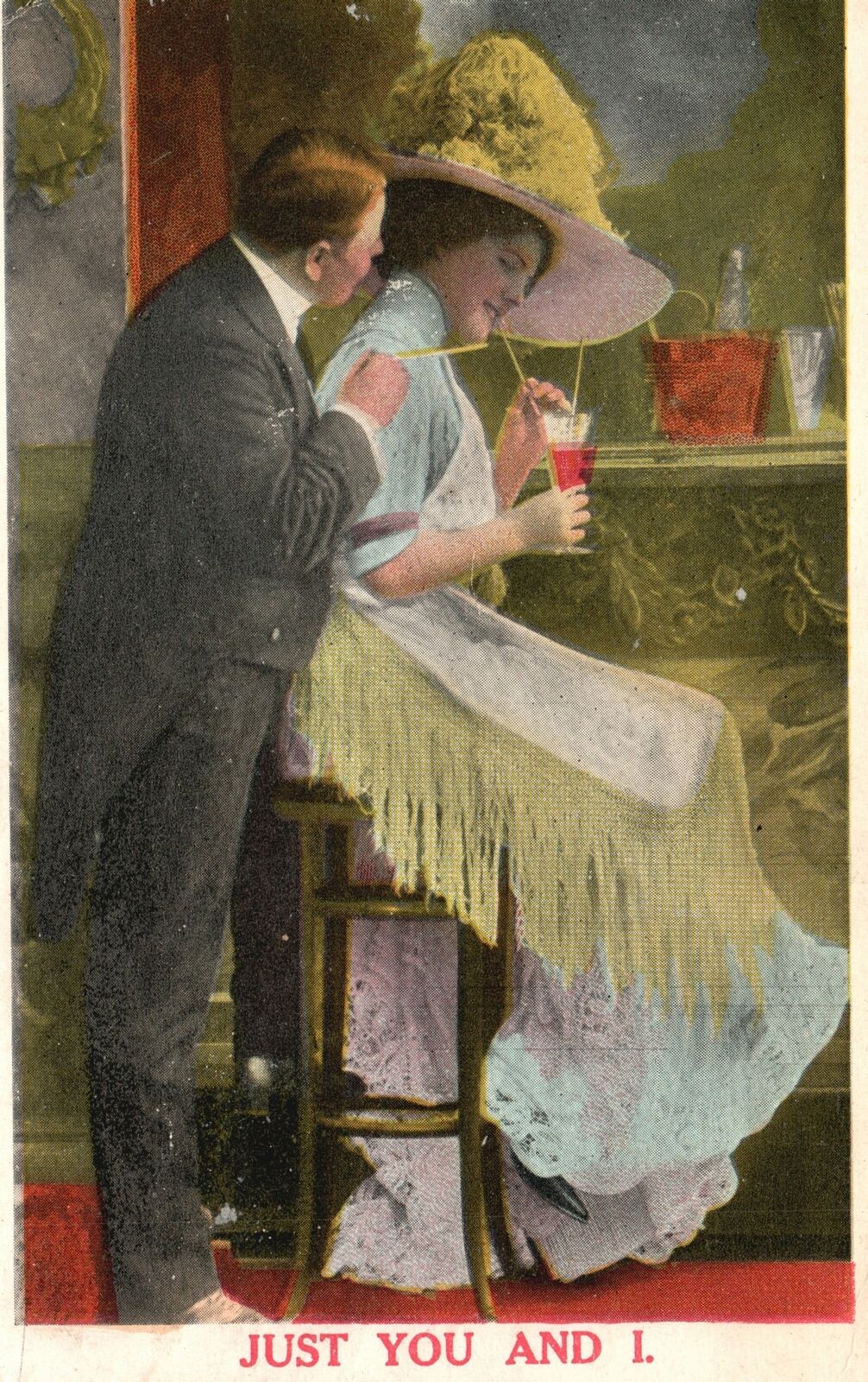 Vintage Postcard Just You And I Couples Lovers Sweethearts Cocktail Drink Hat