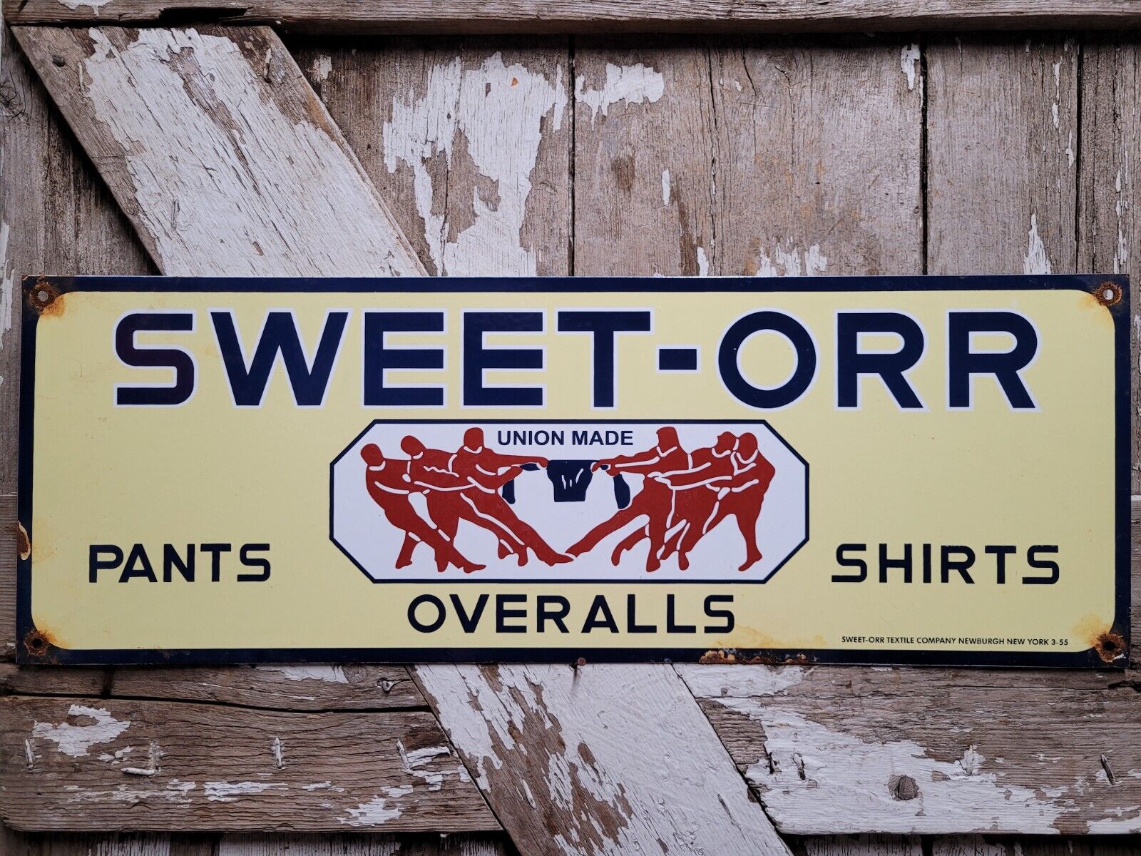 VINTAGE SWEET-ORR PORCELAIN SIGN TEXTILE OVERALL CLOTHING UNION WORKERS FACTORY