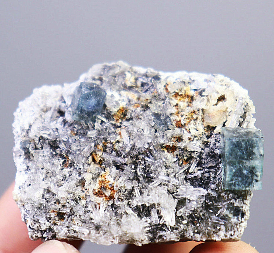 Natural Purple & Green Cube Fluorite Stibnit Crystal Cluster Mineral Specimen