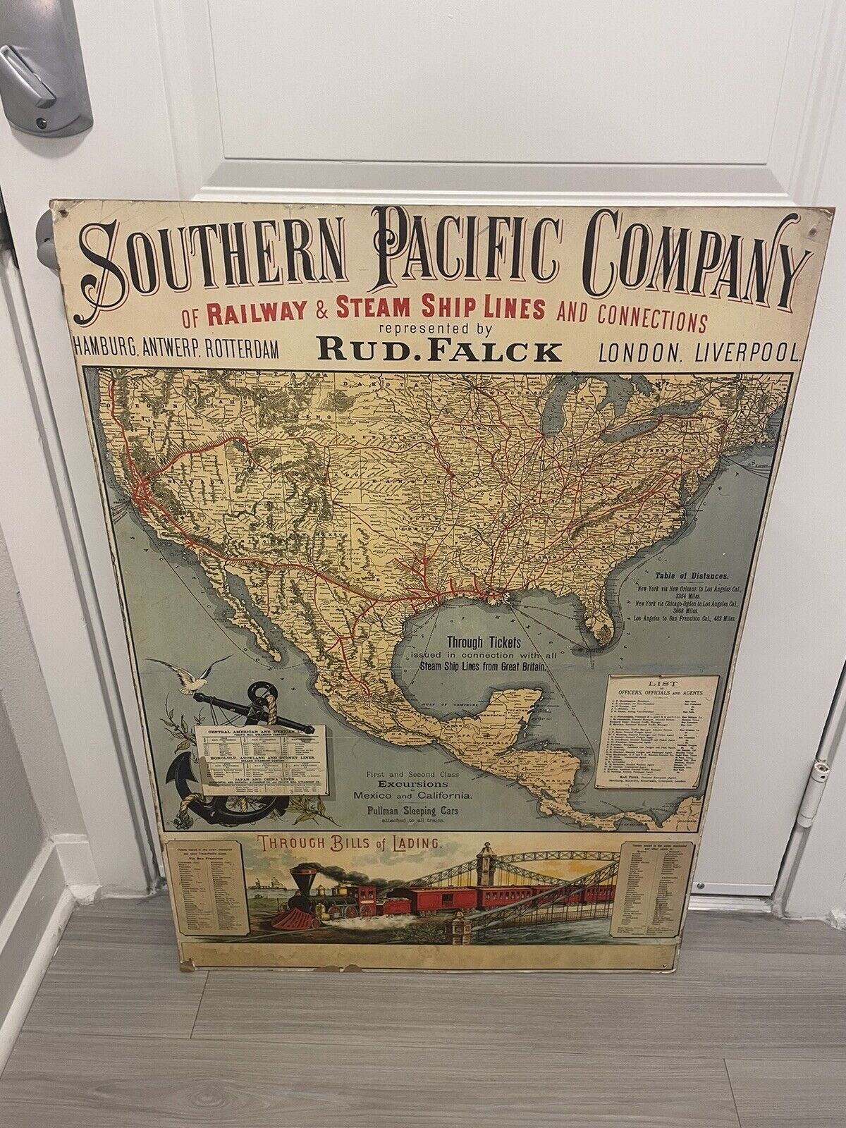 Antique Southern Pacific Co of Railway & Steam Ship Lines Wall Map 38 1/2” x 27”