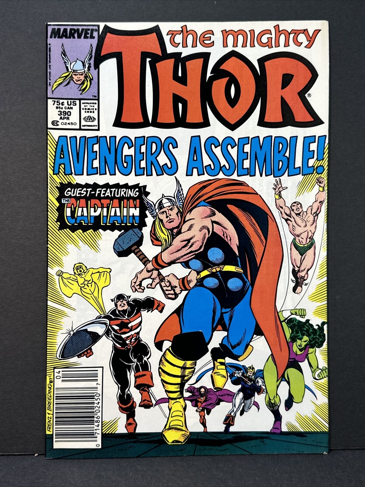 Mighty Thor #390 (Marvel 1988) Newsstand Captain America Wields Mjolnir NM- 9.2