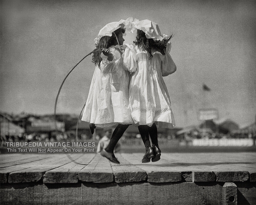 1900s Girls Jumping Rope Photograph - Edwardian Era Fancy Dress Twins Photo