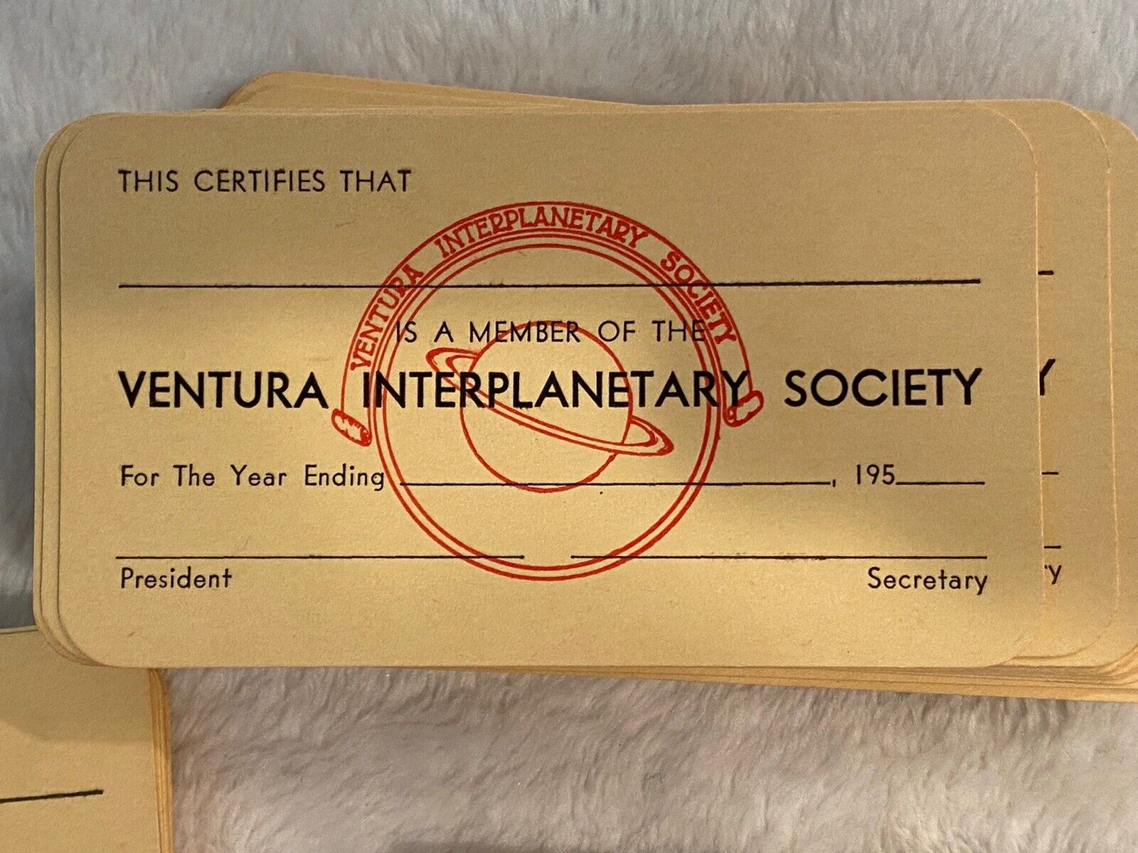 Ventura Interplanetary Society 1950's Blank Membership Card - Space Travel