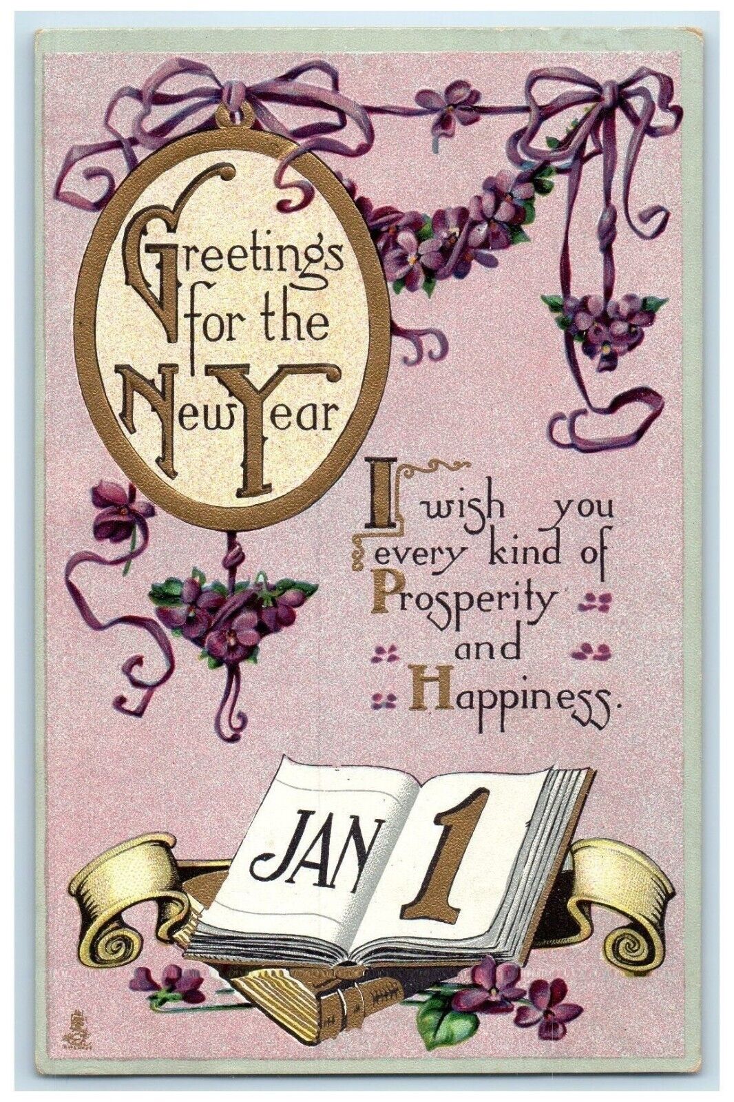 c1910's New Year Greeting Jan 1 Book Flowers Embossed Tuck's Antique Postcard