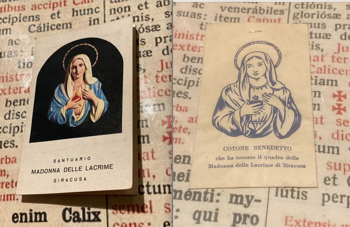 RARE VINTAGE LOT RELIC OUR LADY OF TEARS of Syracuse : cotton fabric in contact