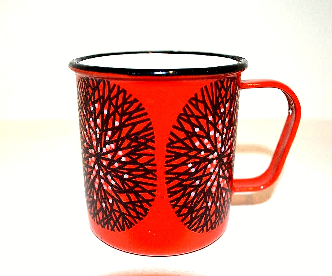 Vtg FINEL Enamel MUG Coffee Cup Arabia Finland Red Black & White Snowflake