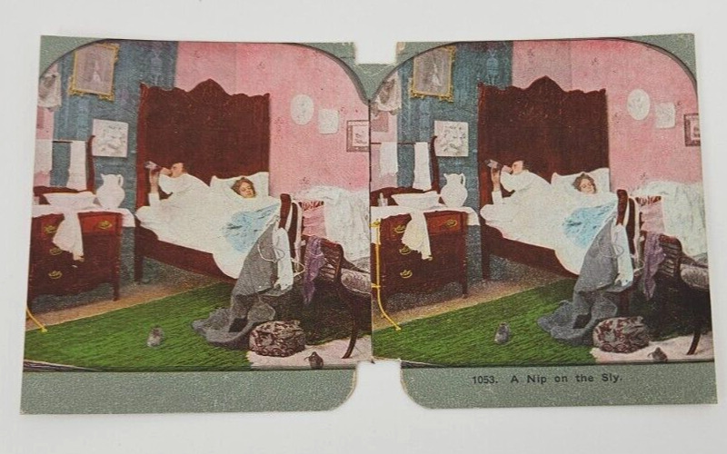 Victorian Stereograph Humorous~A Nip On The Sly~Bedroom~Hangover~Bar~Couple