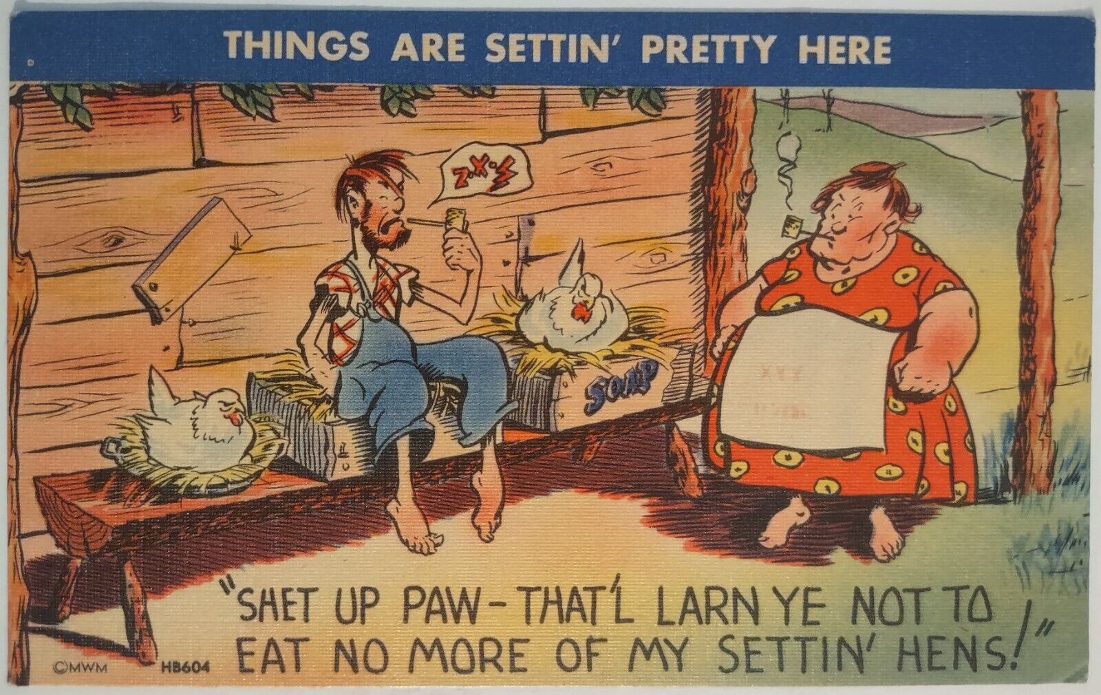 Vintage Postcard Comic Art Humor Chickens Hillbilly