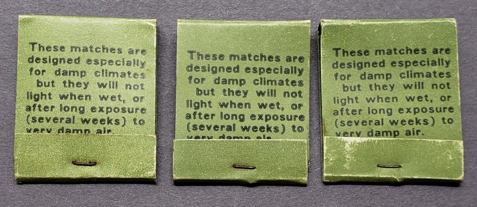 EARLY VINTAGE DD Bean & Sons Damp Climate Matches 3 Matchbooks Army Green Paper 
