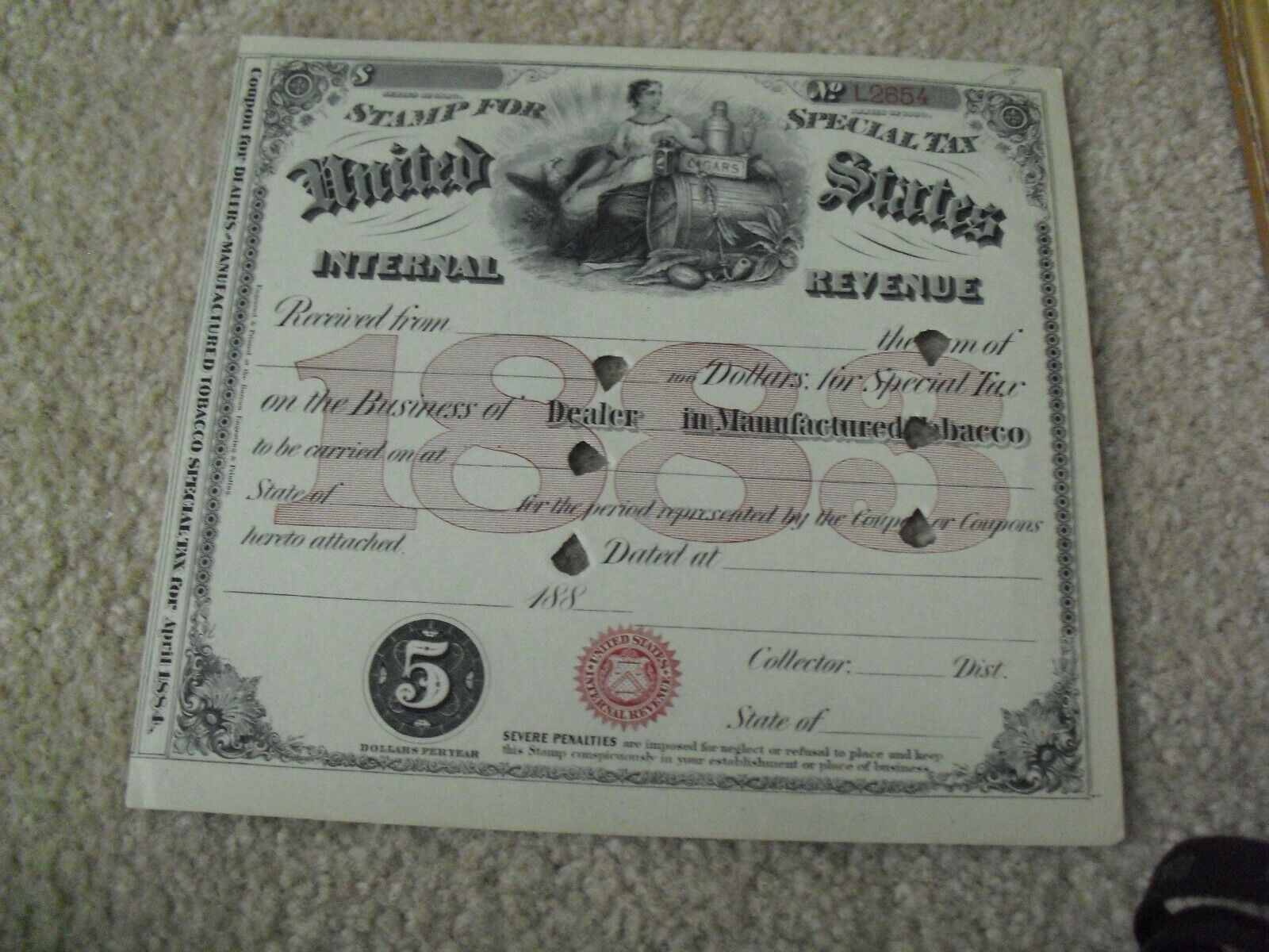 Original 1883 US IRS Internal Revenue Service Special Tax Tobacco Certificate
