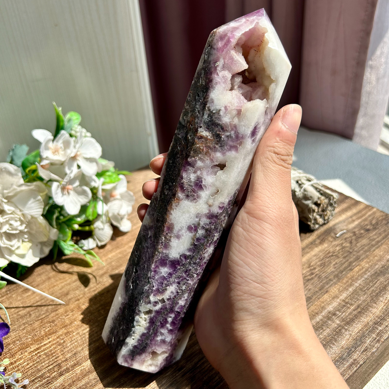 840g Natural purple Druzy Sphalerite quartz crystal Tower display Healing