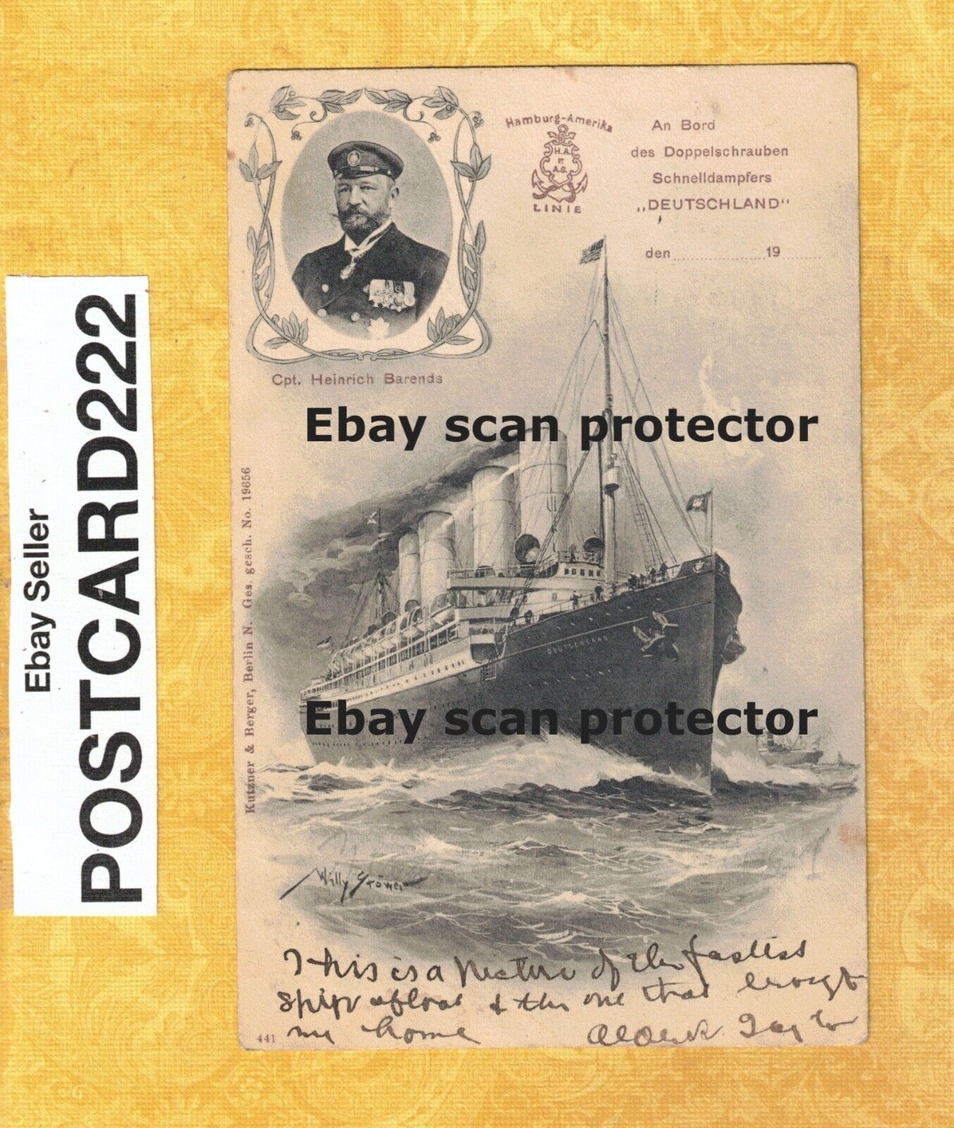 X ship 1903 ant postcard DEUTSCHLAND HAMBURG AMERIKA LINEIE CPT HEINRICH BARENDS