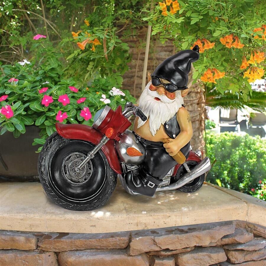 Bad to the Bone Tattoo Biker Gnome in Leather on Motorcycle Flame Tank Statue