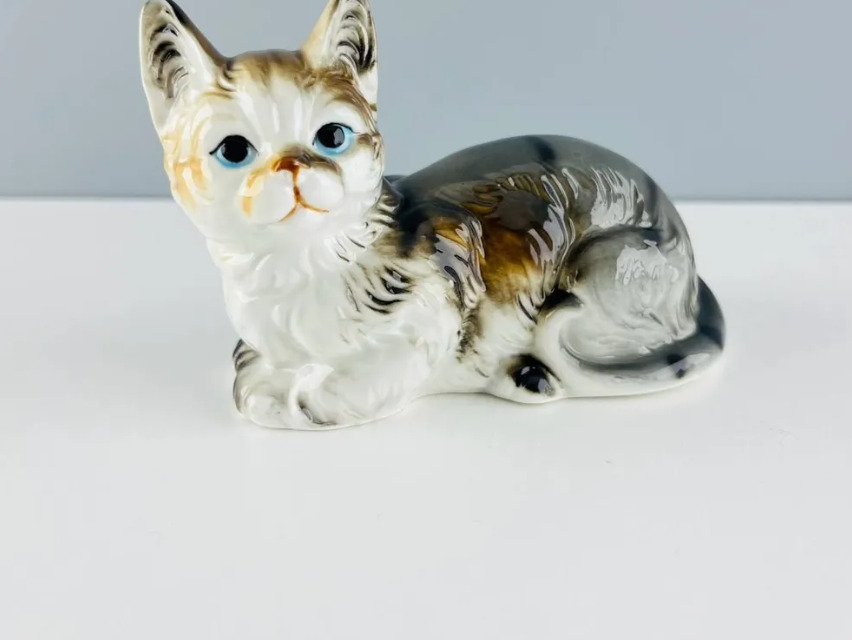 Antique Cat Porcelain 1960s Ussr Marked Decor Old Signed Masterpiece Multi-Color