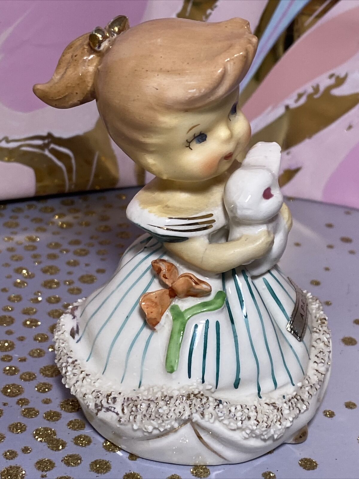 Wales vintage japan Girl Easter April figurine holds bunny rabbit~ Flaw