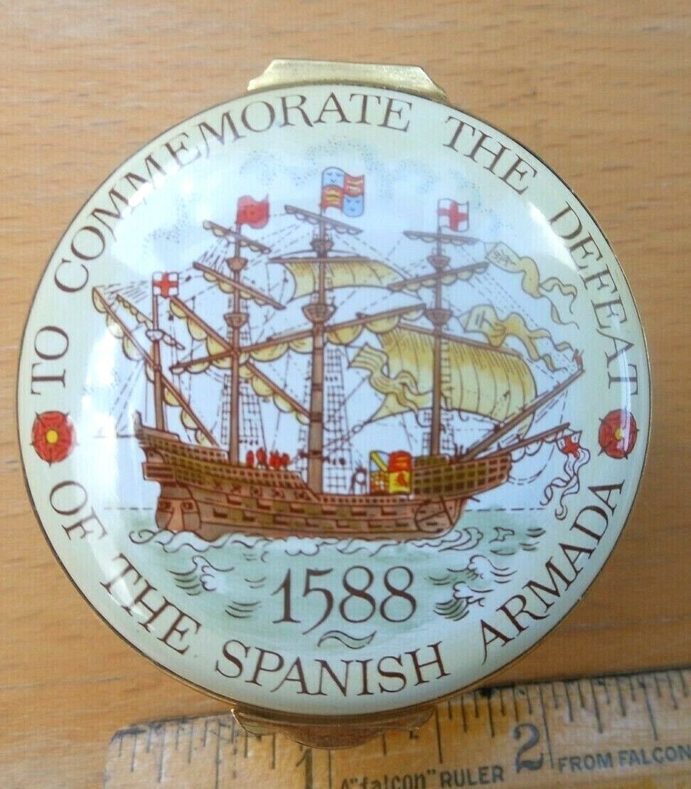 Crummles Enamel Trinket / Pill Box To Commemorate the Defeat of Spanish Armada 