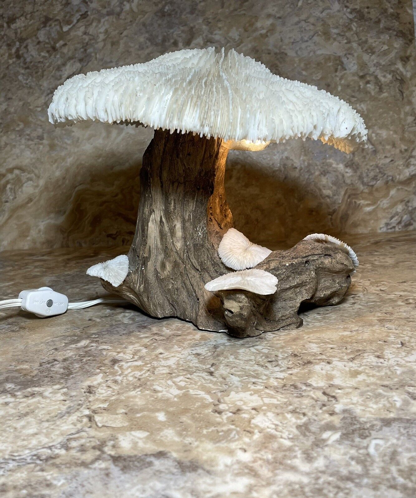 Vintage Real Coral Mushroom & Driftwood Lamp Psychedelic Magic Mushroom Rare