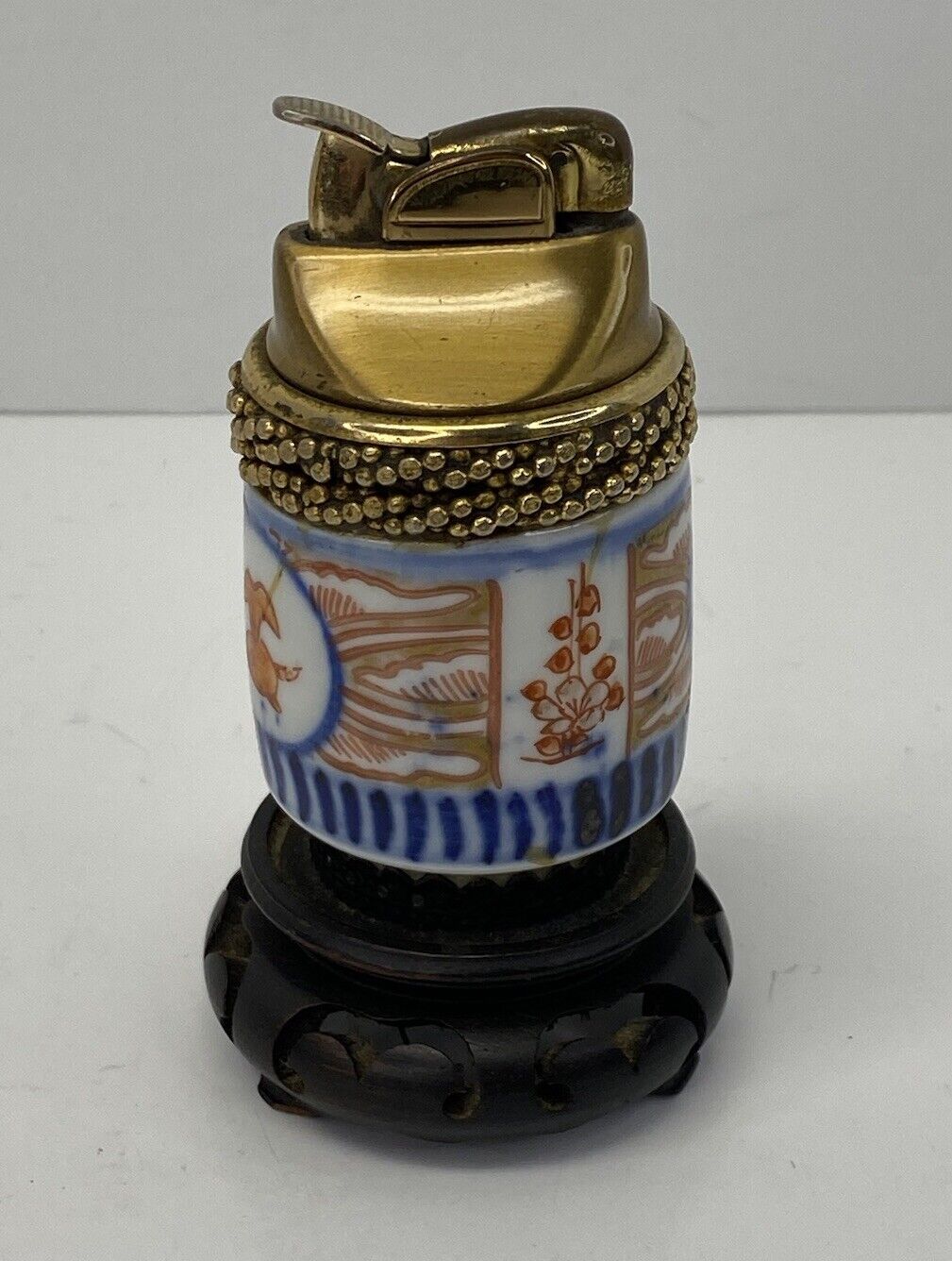 Vintage Antique Japanese Brass Imari Porcelain Lighter On Wooden Base 4.5”
