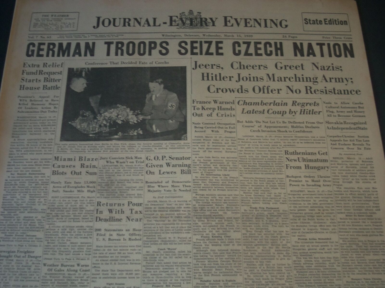1939 MARCH 15 WILMINGTON JOURNAL NEWSPAPER - GERMAN TROOPS SEIZE CZECH - NT 7293