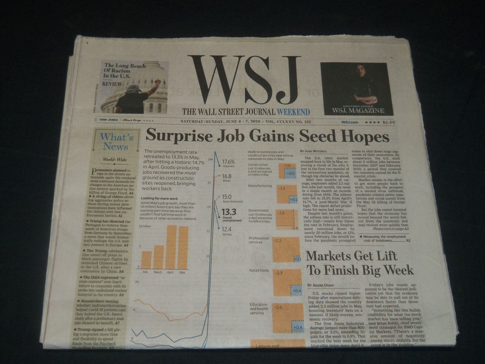 2020 JUNE 6-7 THE WALL STREET JOURNAL NEWSPAPER -SURPRISE JOB GAINS SEED HOPES