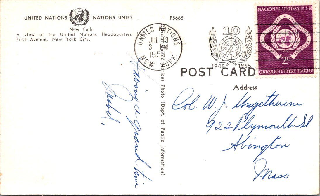 United Nations New York City Mailed in 955 with UN Stamp Postcard