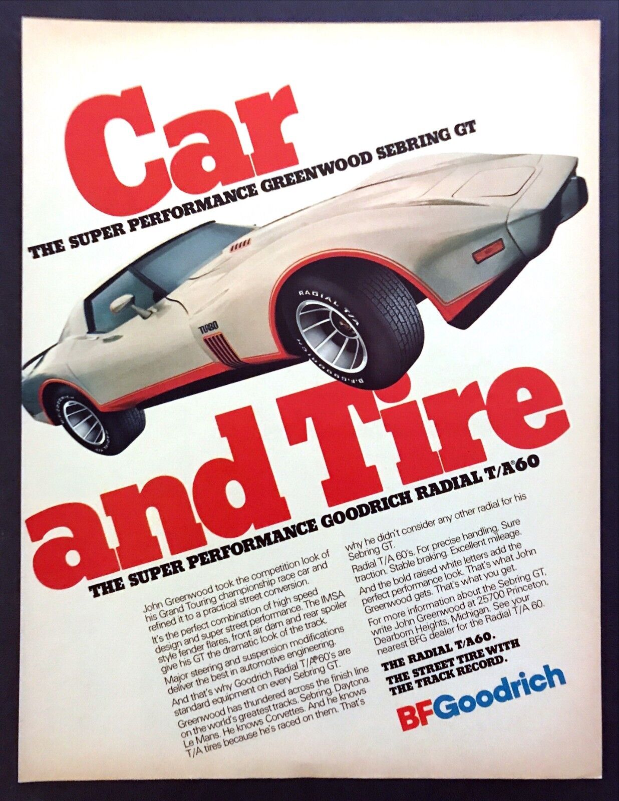 1977 Corvette Greenwood Sebring GT Coupe photo BF Goodrich Tire vintage print ad