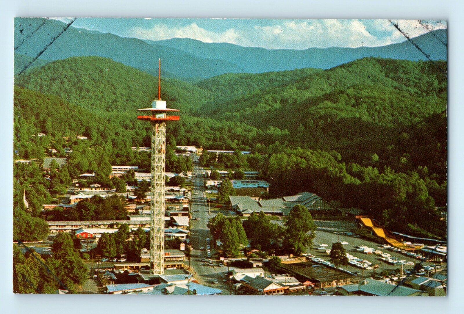 The Space Needle Gatlinburg Tennessee Aerial Birdseye Mountain View Postcard C7