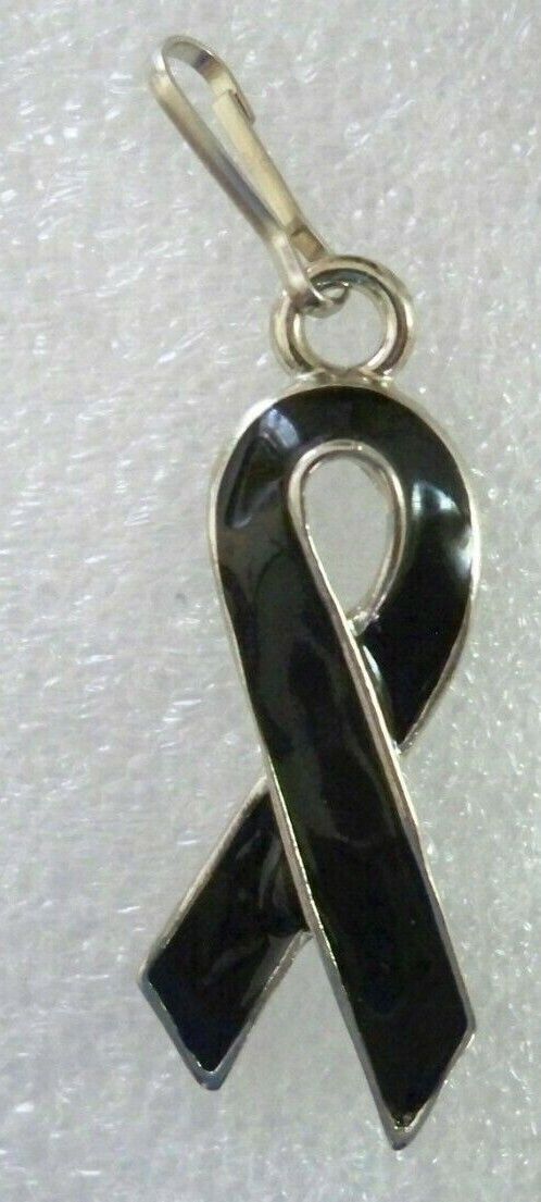 Melanoma Awareness ribbon zipper pull, black, gold plated, USA made