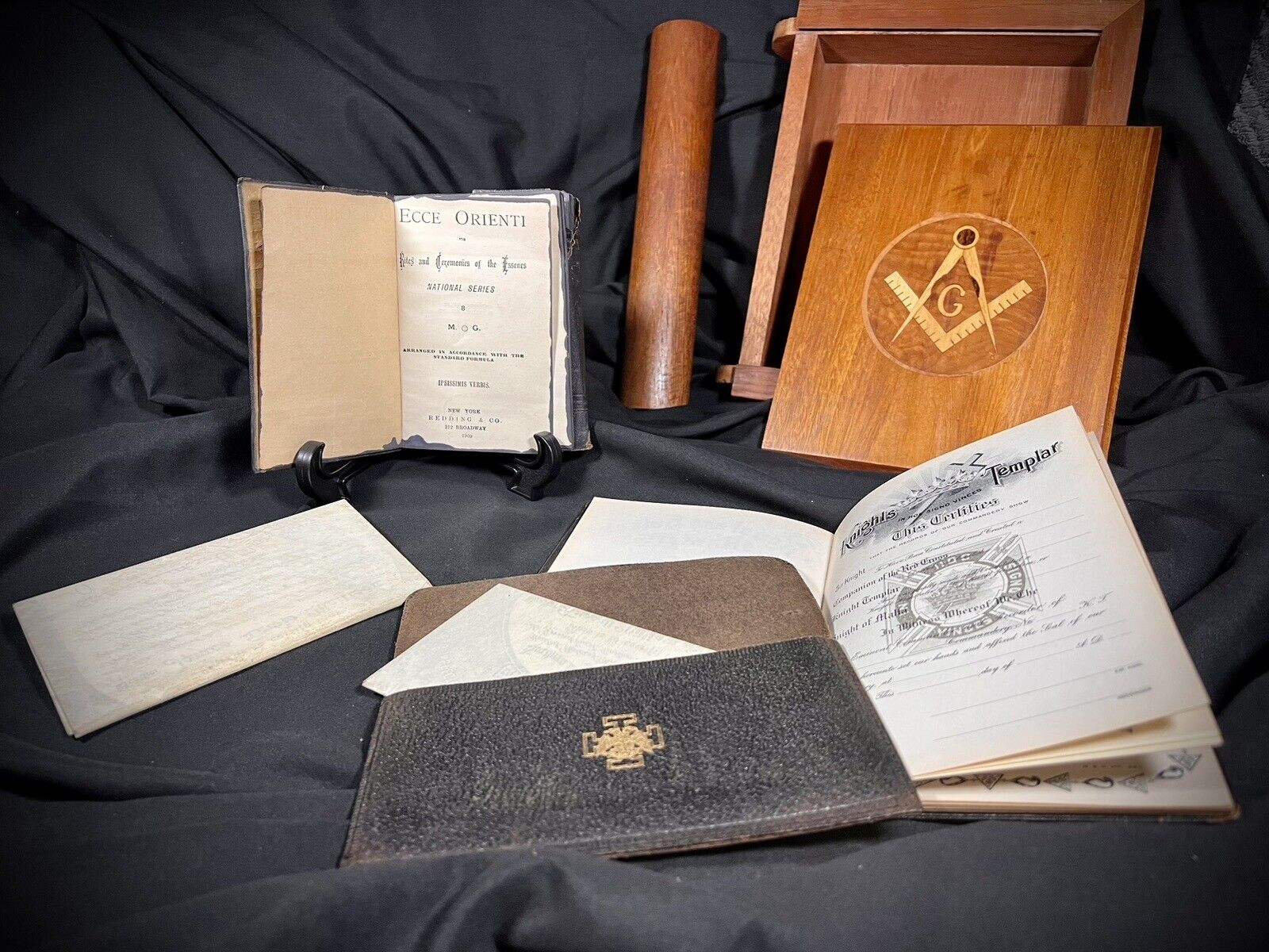 1920’s MASONIC DOCUMENTS, ECCE ORIENTI,  RARE WOODEN HIDEAWAY BOOK-handmade.