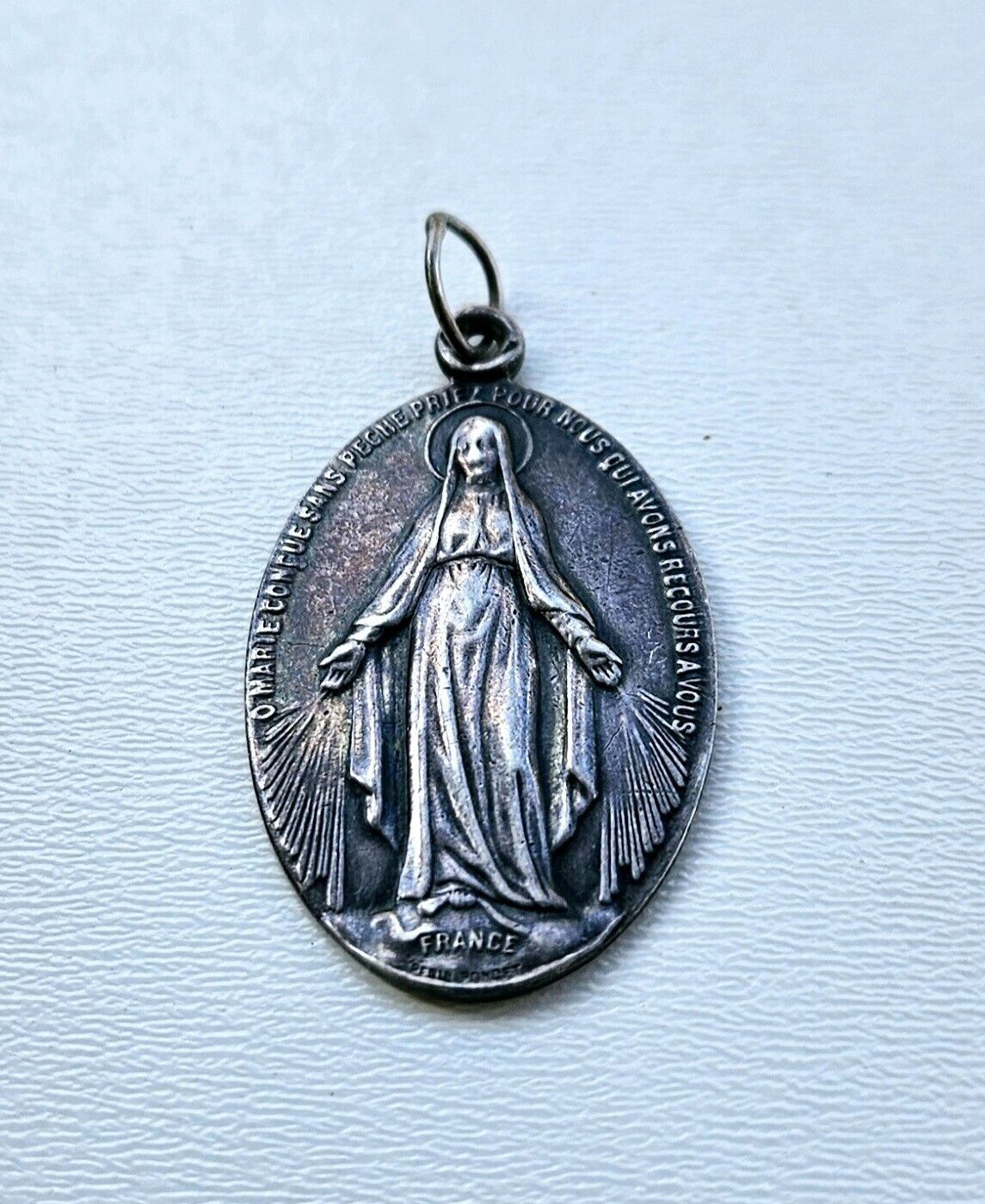 Vintage Sterling Silver Virgin Mary Medal Pendant France