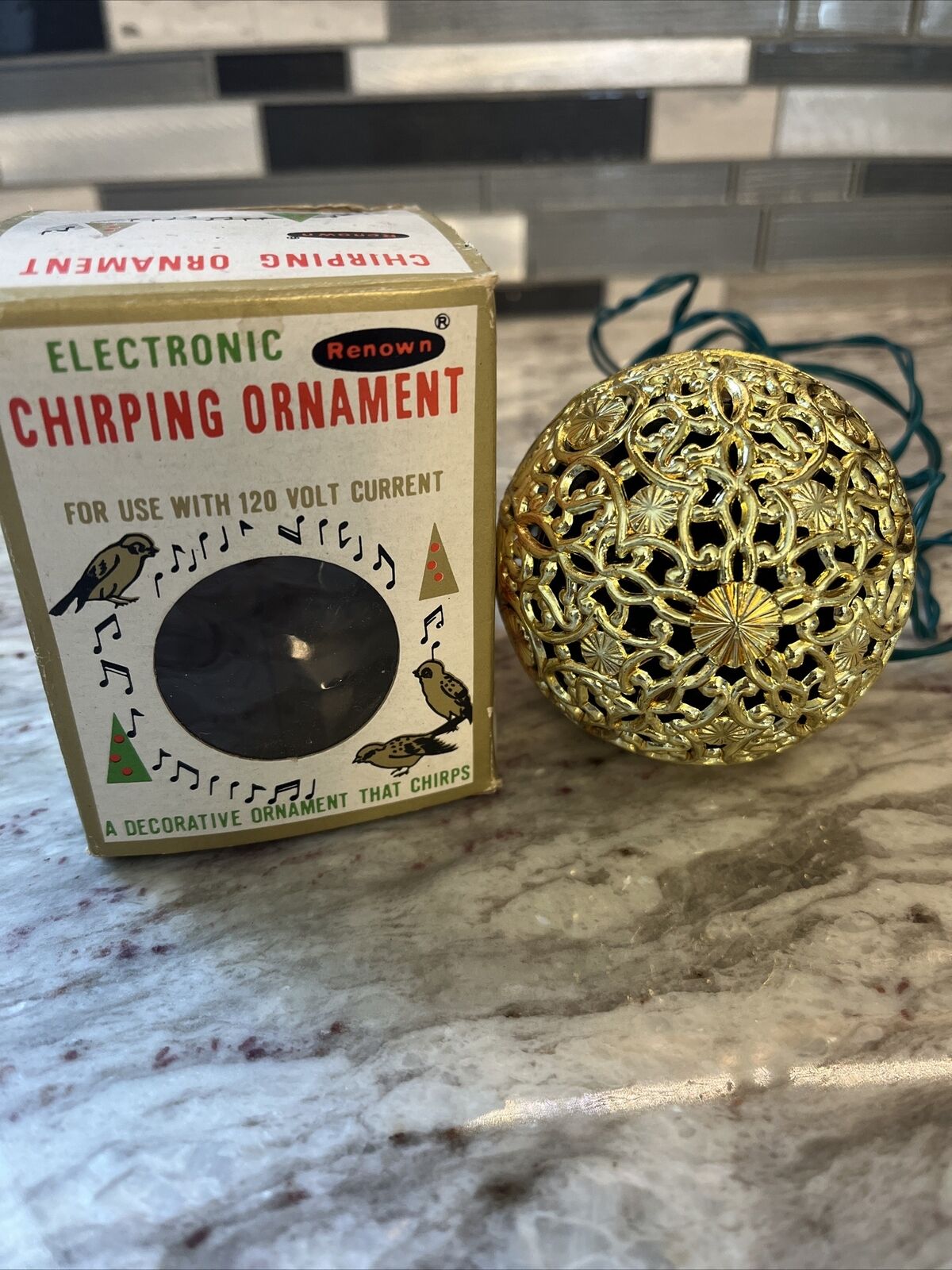 Vintage Renown Electronic Gold Chirping Ornament Ball w/Box-Works #k14/240R