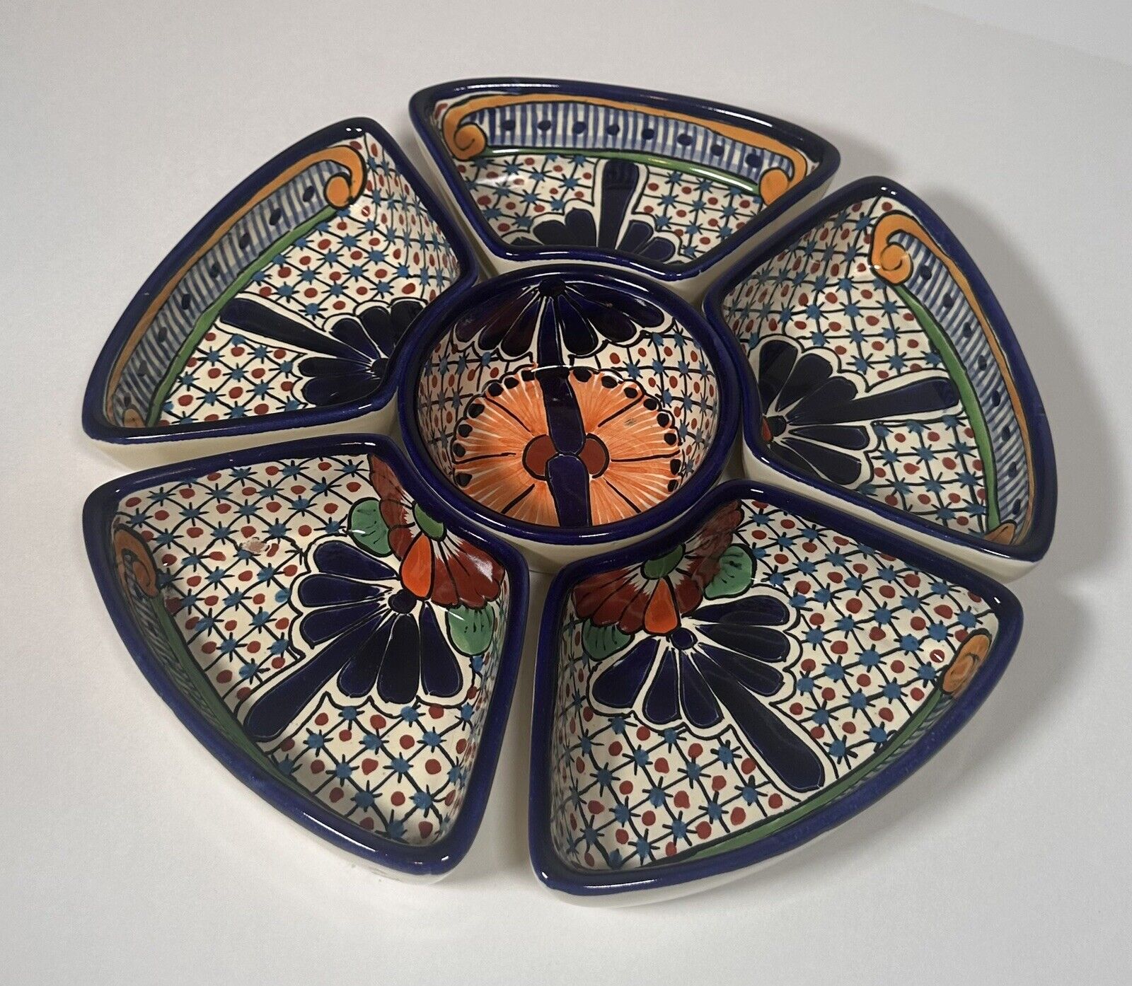 Mexican Talavera Divided Salsa Chip Bowl Appetizer Condiment Lazy Susan Dishes