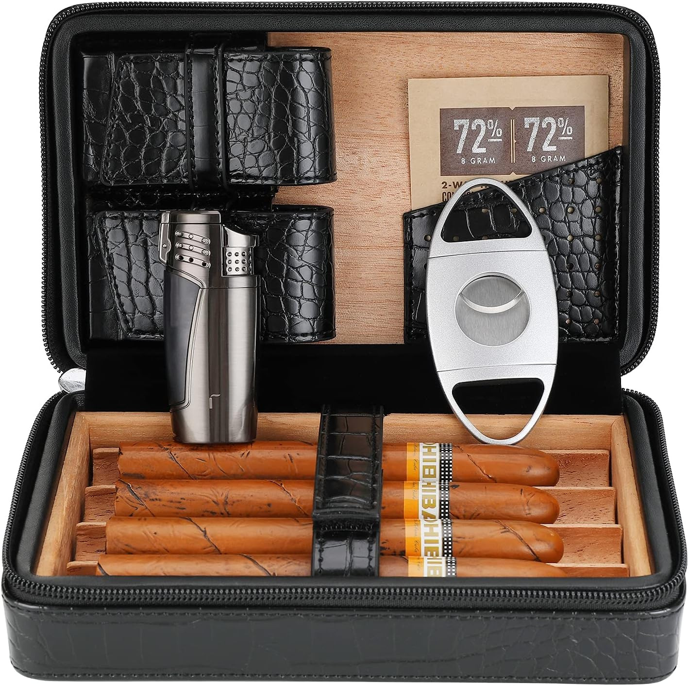 Cigar Case Cedar Wood Travel Portable Leather Cigar Humidor with Cigar Lighter