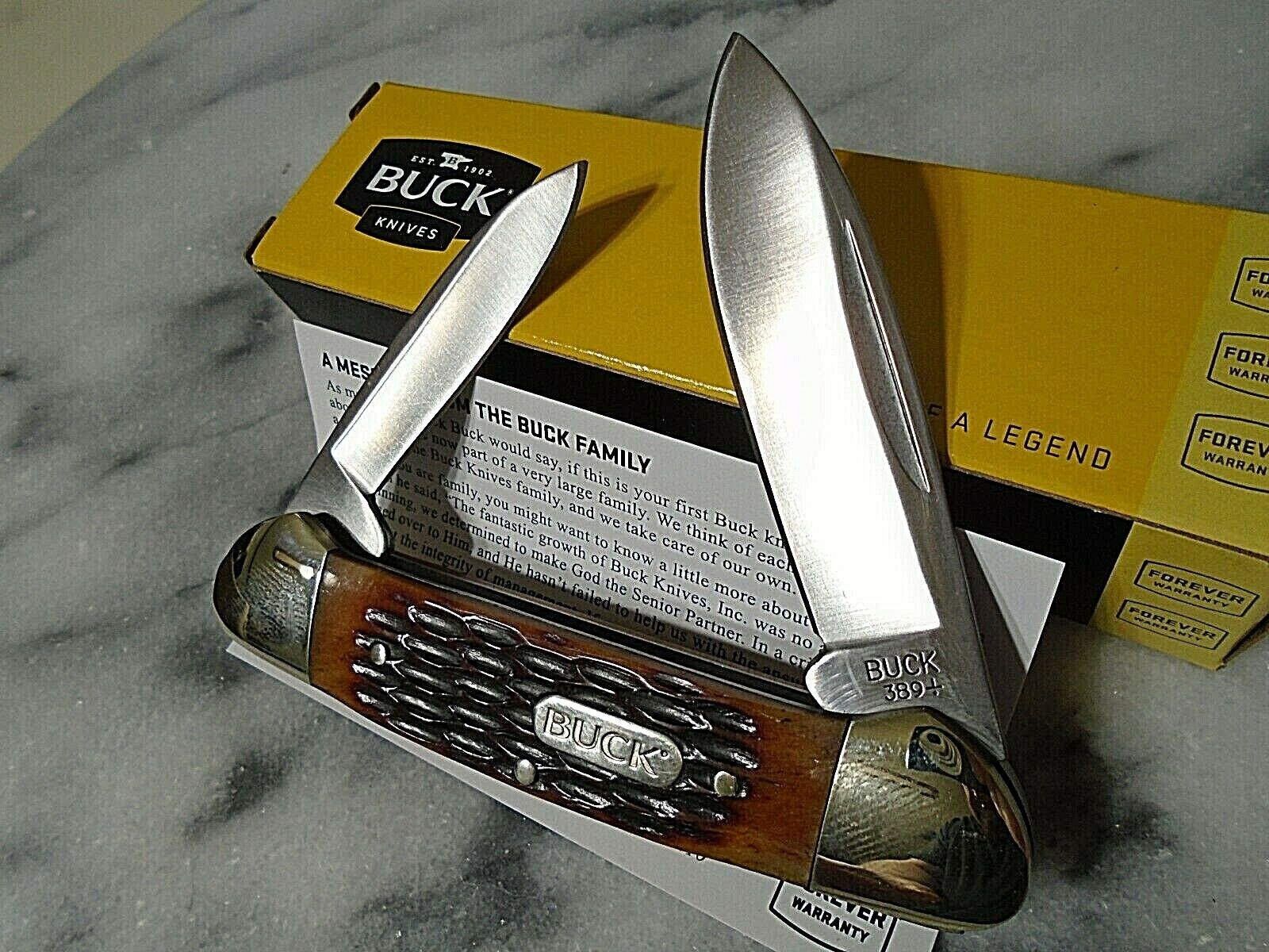 Buck Canoe 389 Folding 2 Blade Pocket Knife Amber Jigged Bone 420HC 3.55