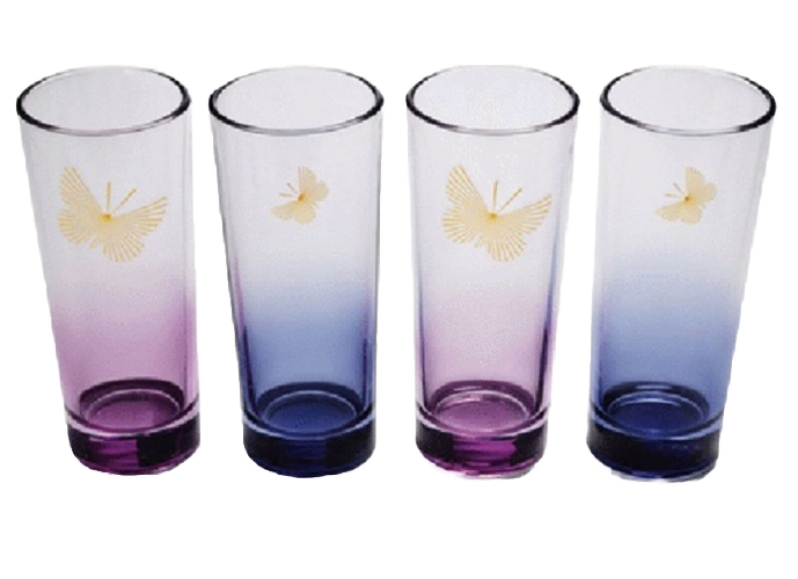 Avon Purple Peace Ombre Glasses with Gold butterfly accents 2 blue 2 violet 10oz