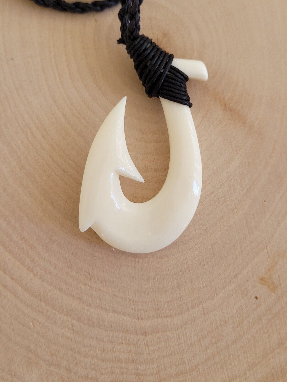 Hawaiian Buffalo Bone Fish Hook Pendant Adjustable Necklace Choker / Black Cord