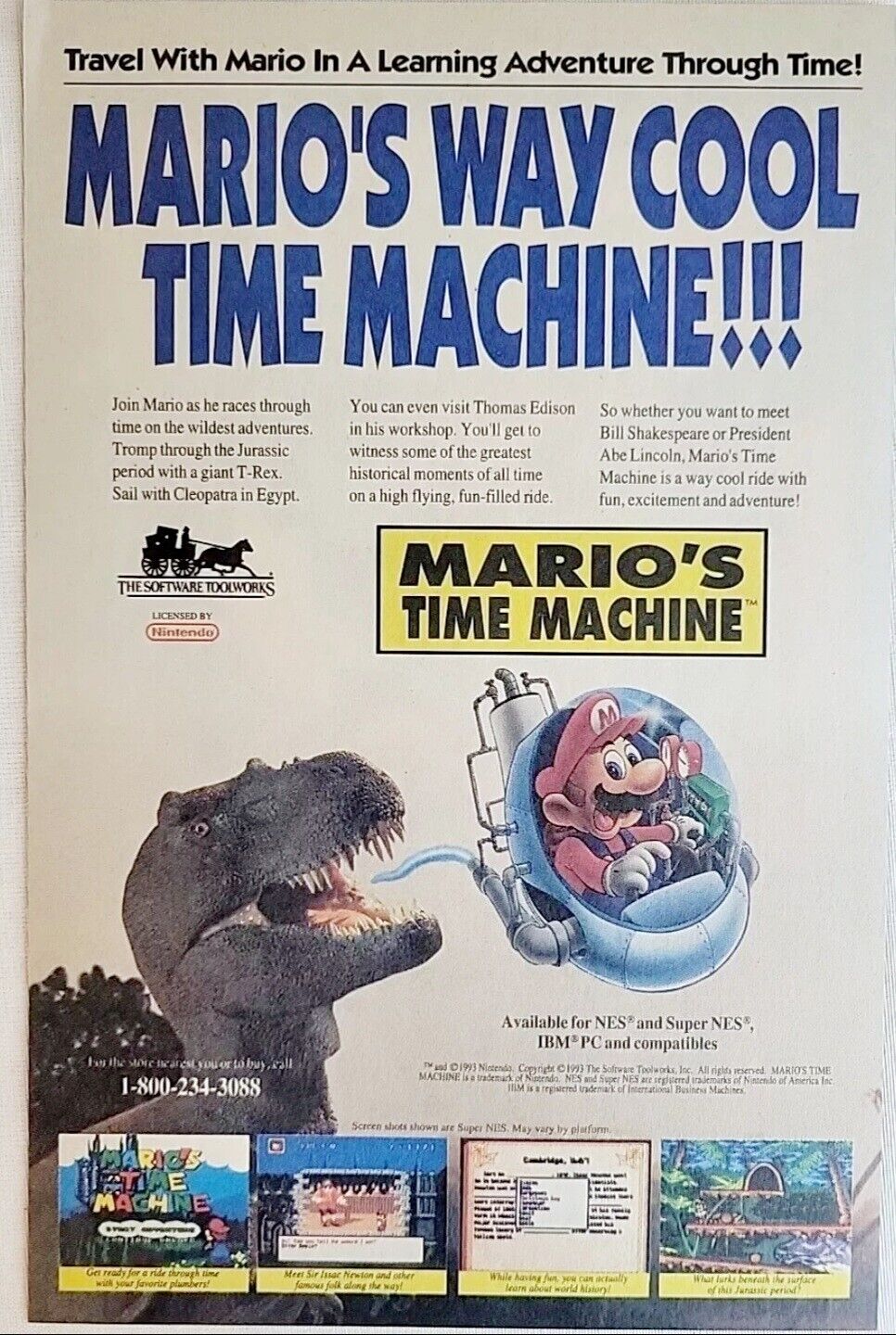 1993 Nintendo Super Mario's Time Machine Print Ad/Poster Official Promo Art 🔥