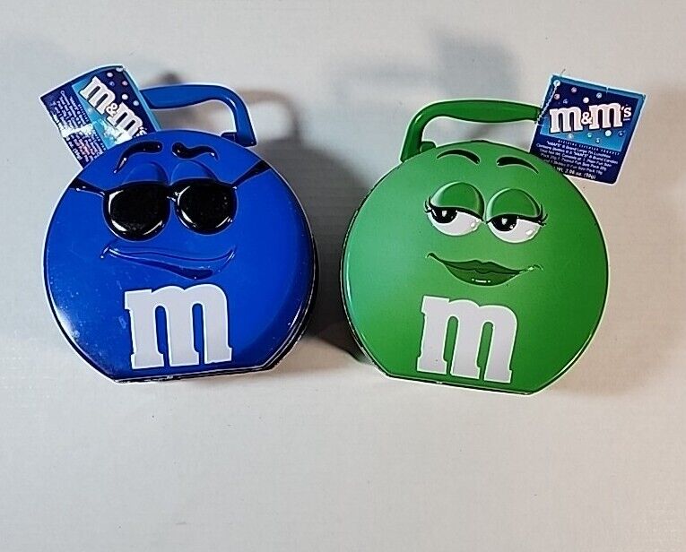 Lot Of 2 Green and Blue M&M Metal Tin Candy Lunch Box Vintage 2002 M&M Mars