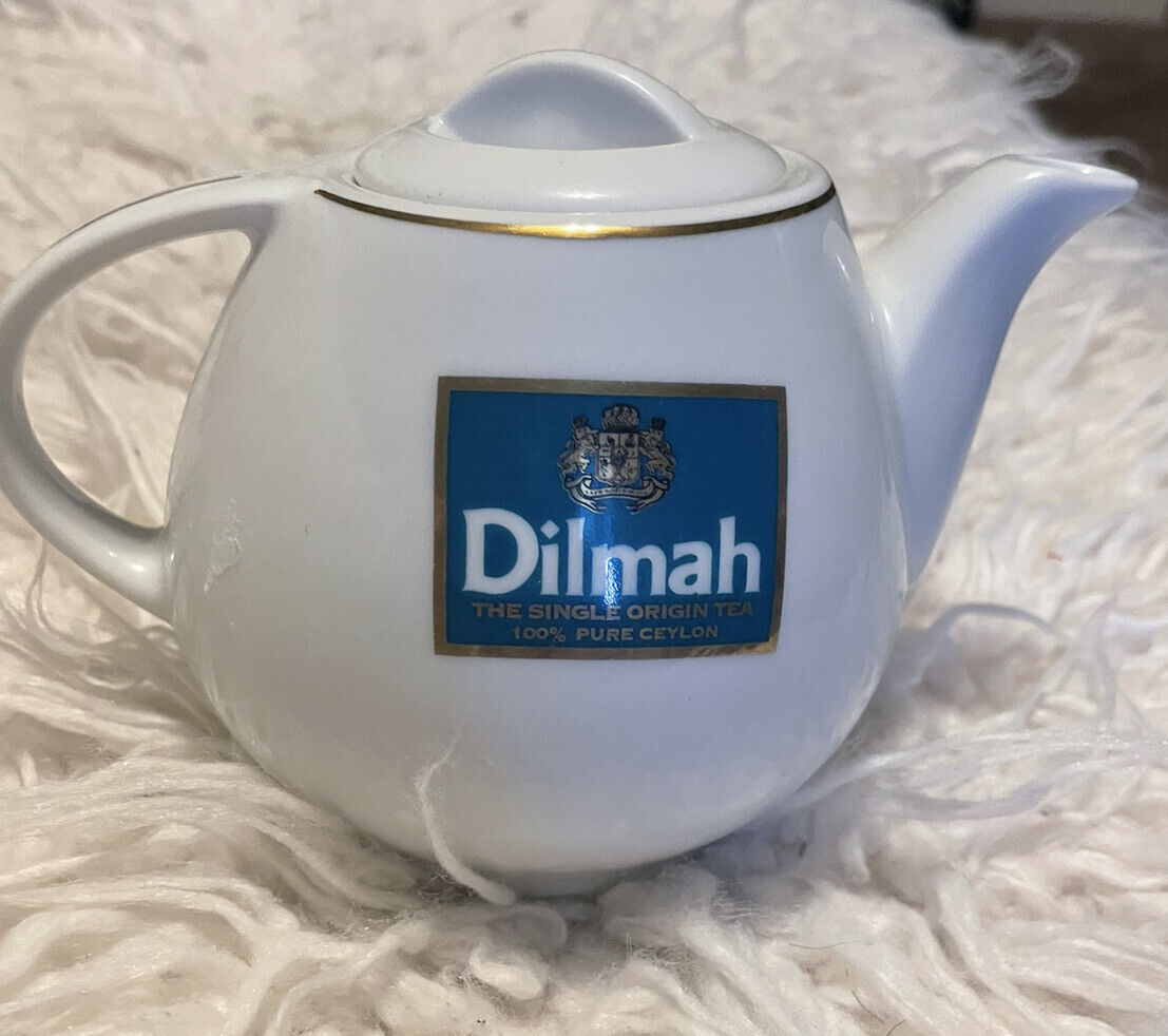 Small Vintage Ceramic teapot - Dilmah In Ivory With Teal Lettering Sri Lanka