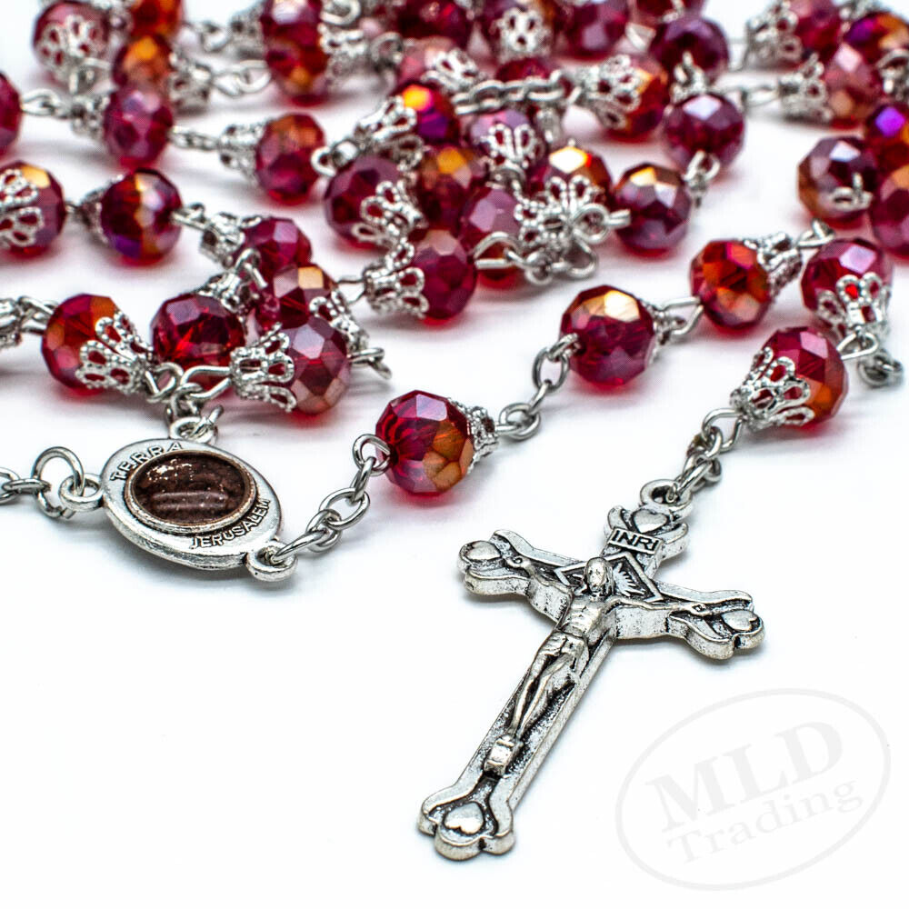 Deep Red Crystal Beads Rosary Necklace Catholic Holy Soil Center Cross With Case