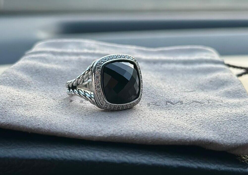 David Yurman 925 Silver 14mm ALBION Ring Black Onyx & Diamonds Sz 8.5