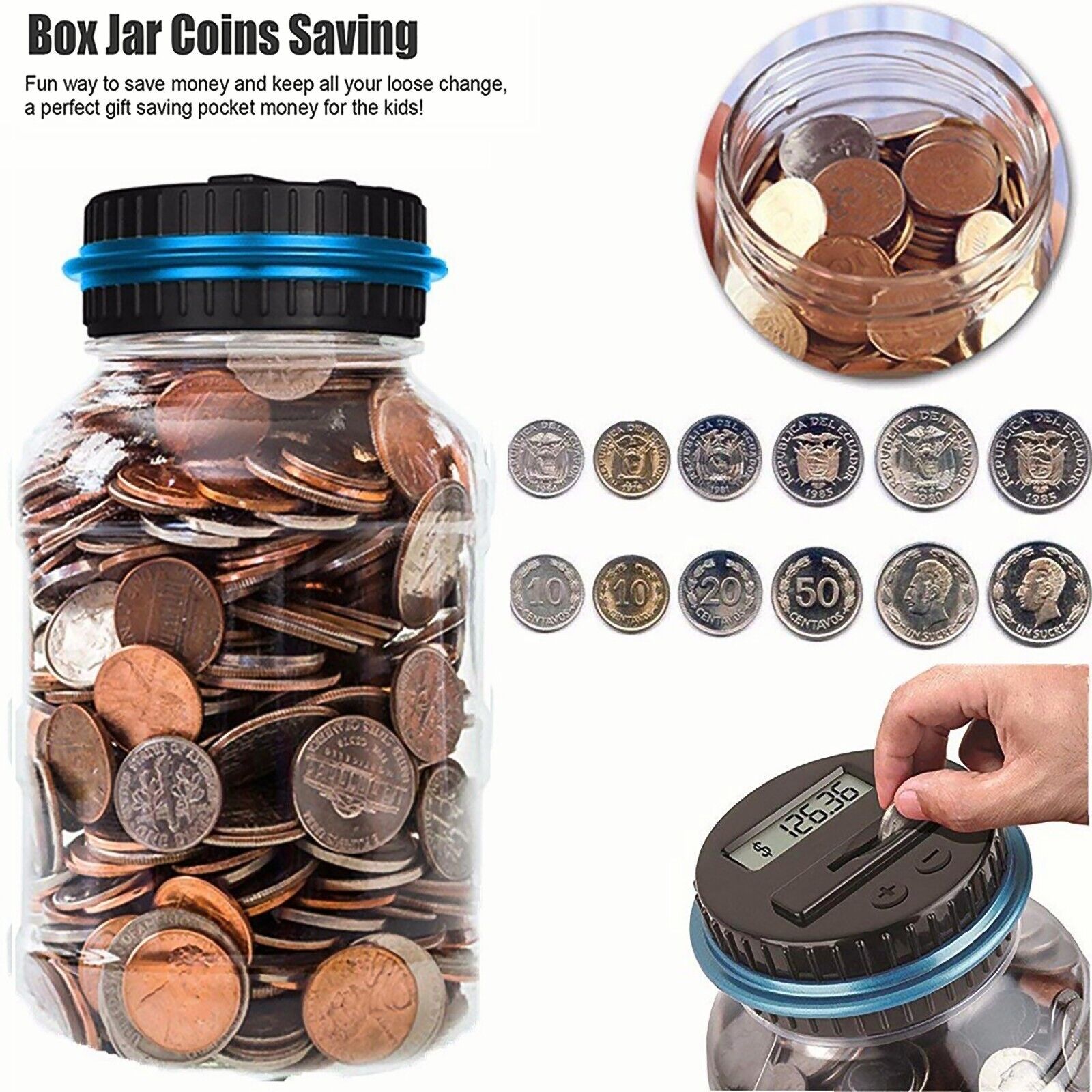 Digital LCD US Coin Counter Counting Jar Money Saving Transparent Piggy Bank Box