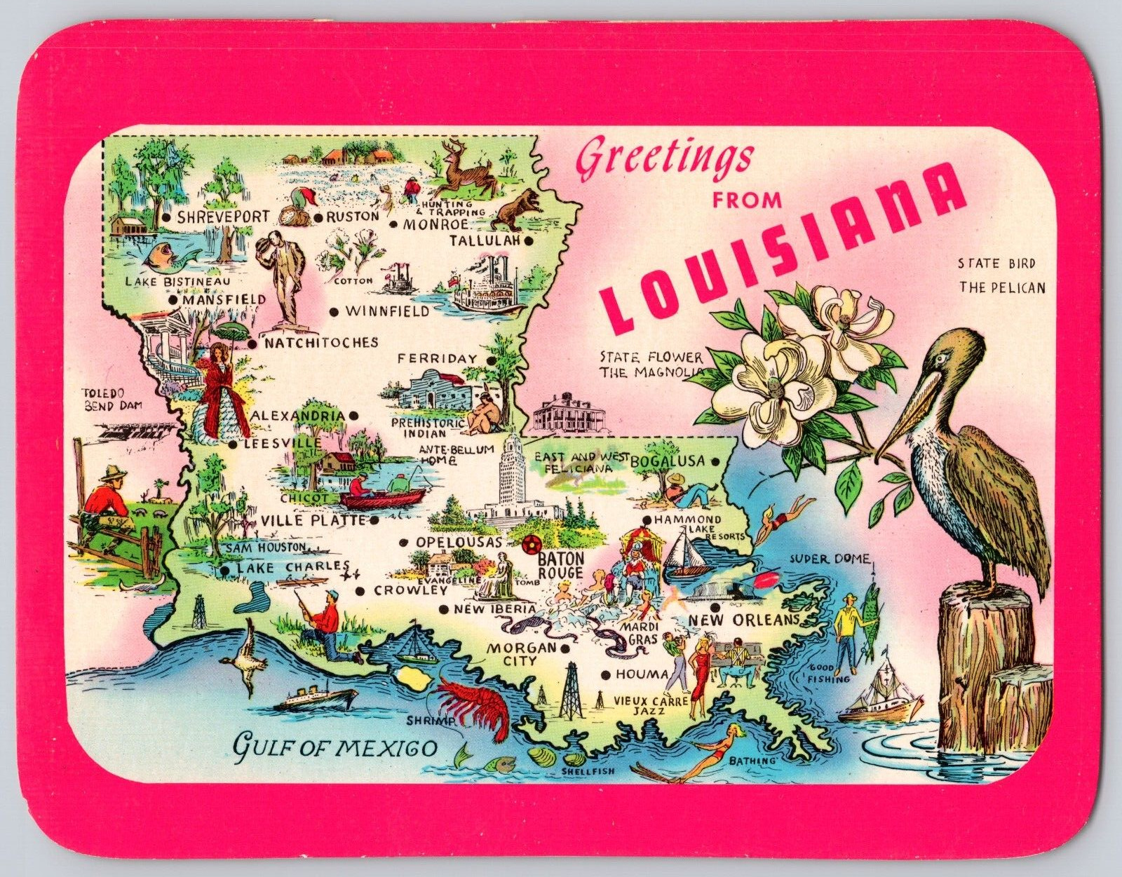 Postcard Vintage LA Louisiana Scenic Map Greetings Landmarks Large Size