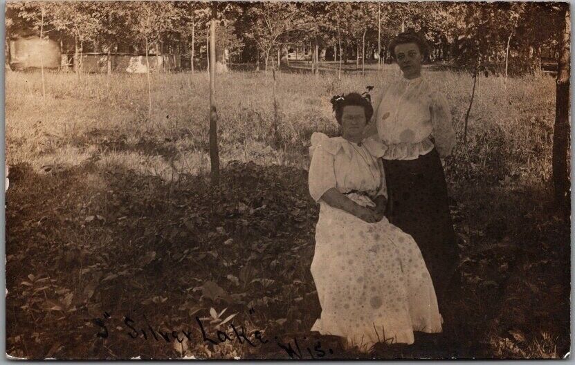 1907 SILVER LAKE Wisconsin RPPC Real Photo Postcard 2 Women Sisters Under Tree