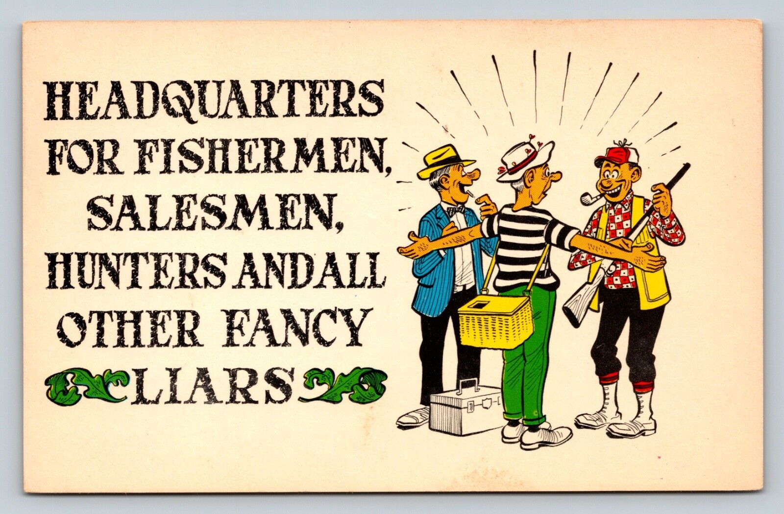 HQ For Fishermen Salesmen Hunters & All Other Fancy Liars VINTAGE Comic Postcard