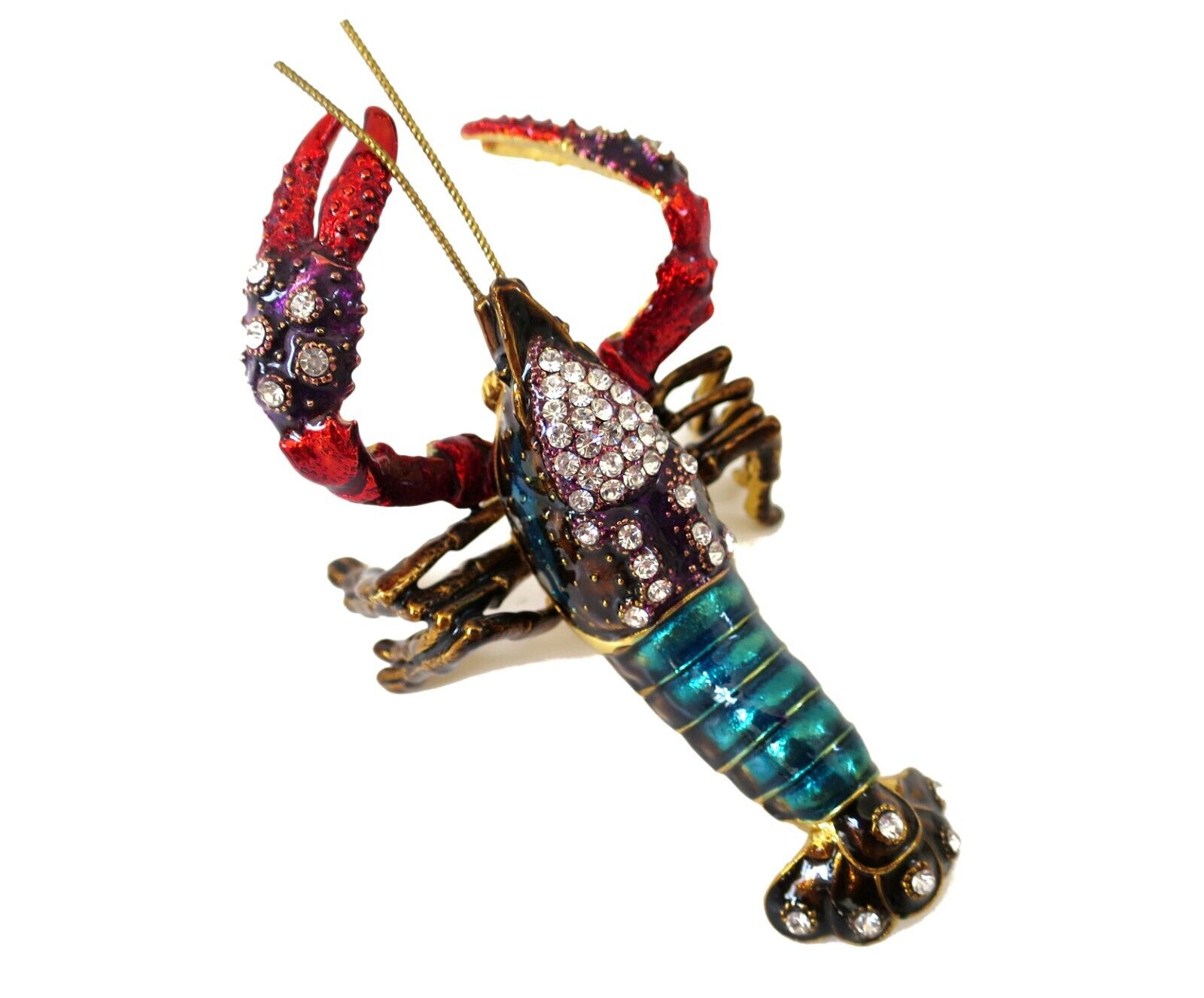 Bejeweled Large Lobster Hinged Metal Enameled Crystal Trinket box