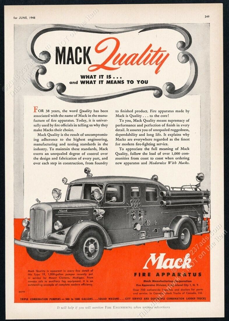 1948 Mount Clemens Michigan fire engine truck photo Mack trucks vintage print ad