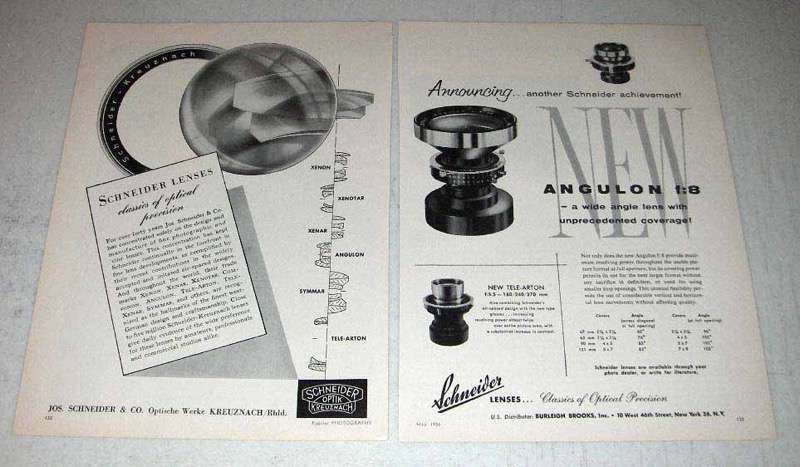 1956 Schneider Angulon f:8 Lens and Tele-Arton Lens Ad