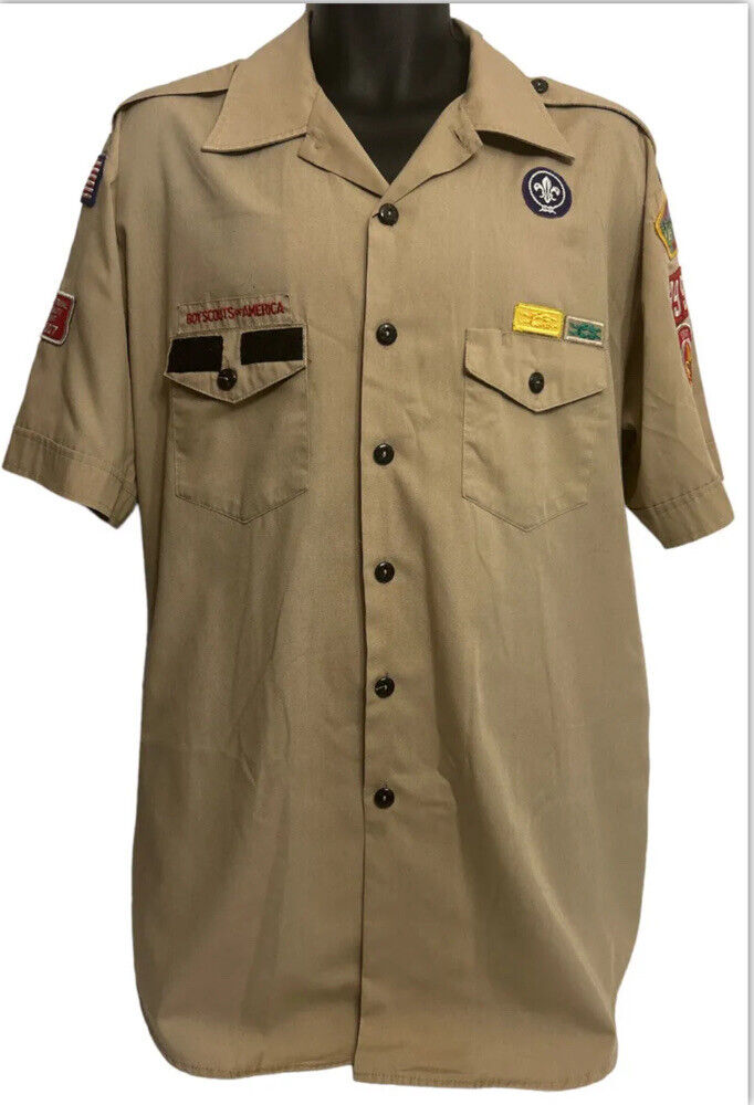 Vtg Boy Scout Uniform Shirt BSA Official Men's Sz XL Sleeve Patches Poly